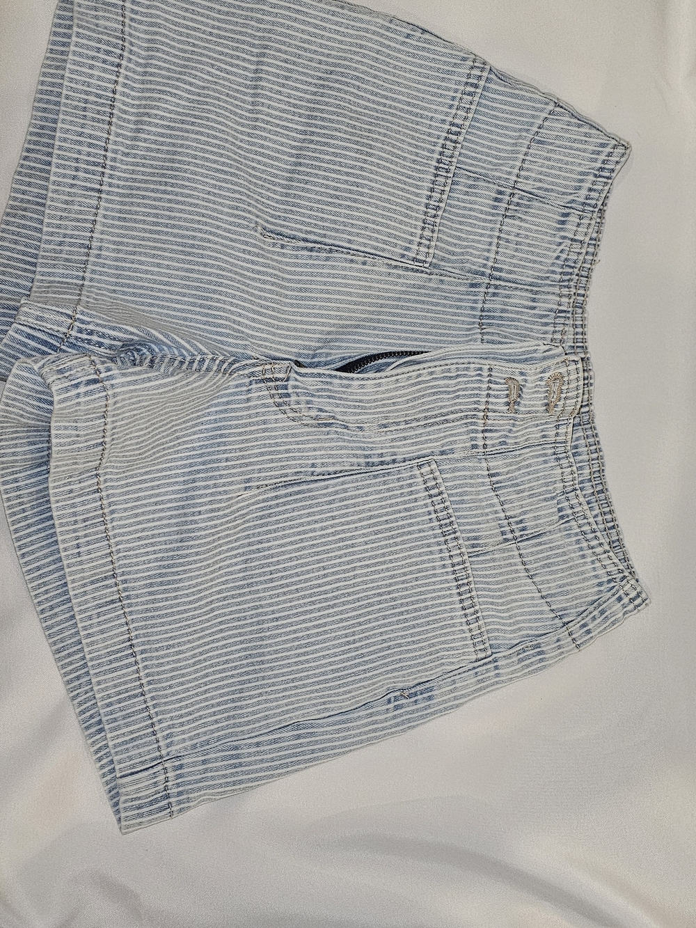 Maurices Light Blue & White Striped Denim Shorts with Patch Pockets